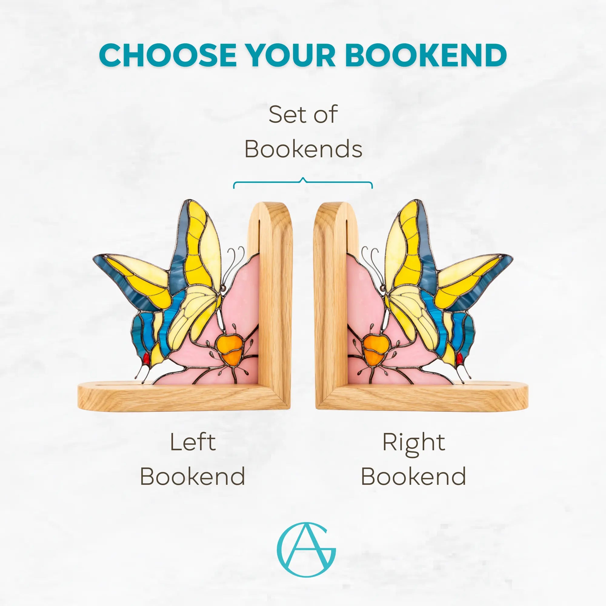 Stained glass swallowtail bookends on a white background with variations: left, right and set of two