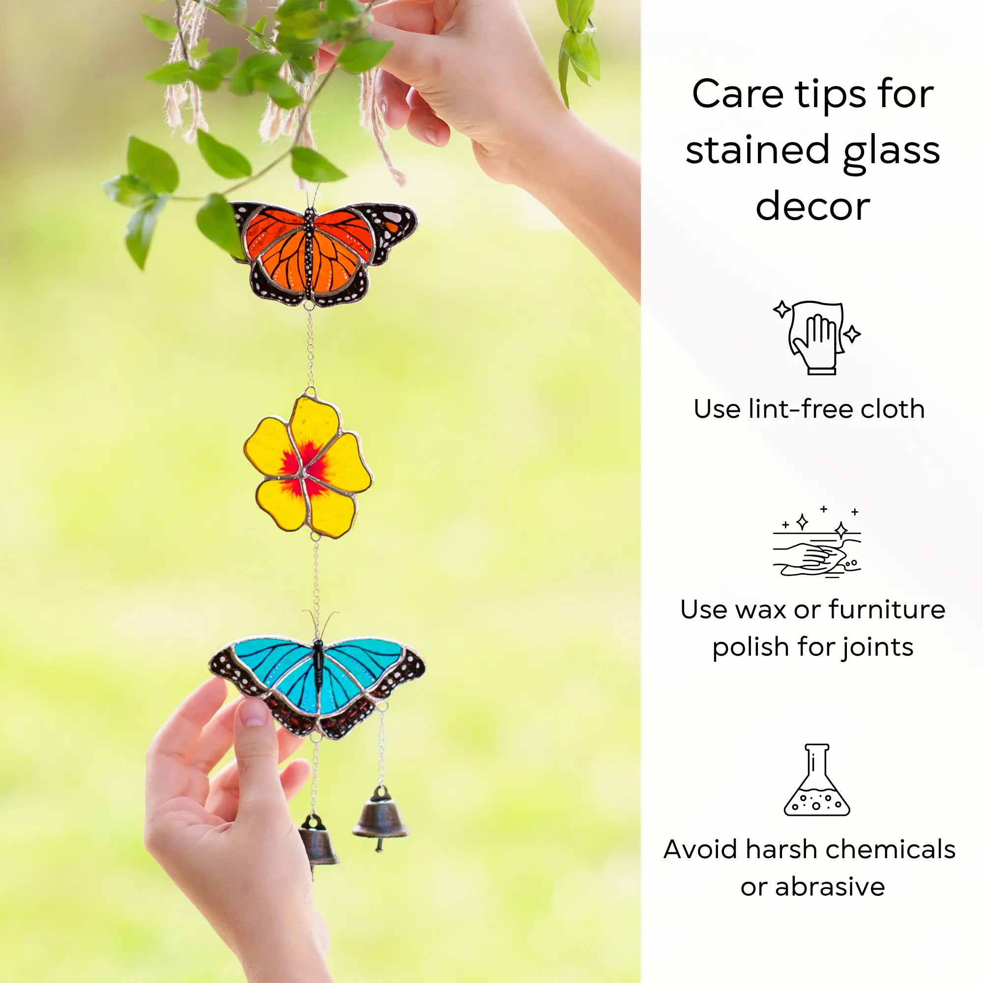 Butterfly and flower stained glass wind chime held by hands with care tips on the right: use lint-free cloth, polish joints with car wax or furniture polish, avoid harsh chemicals, and windy places.