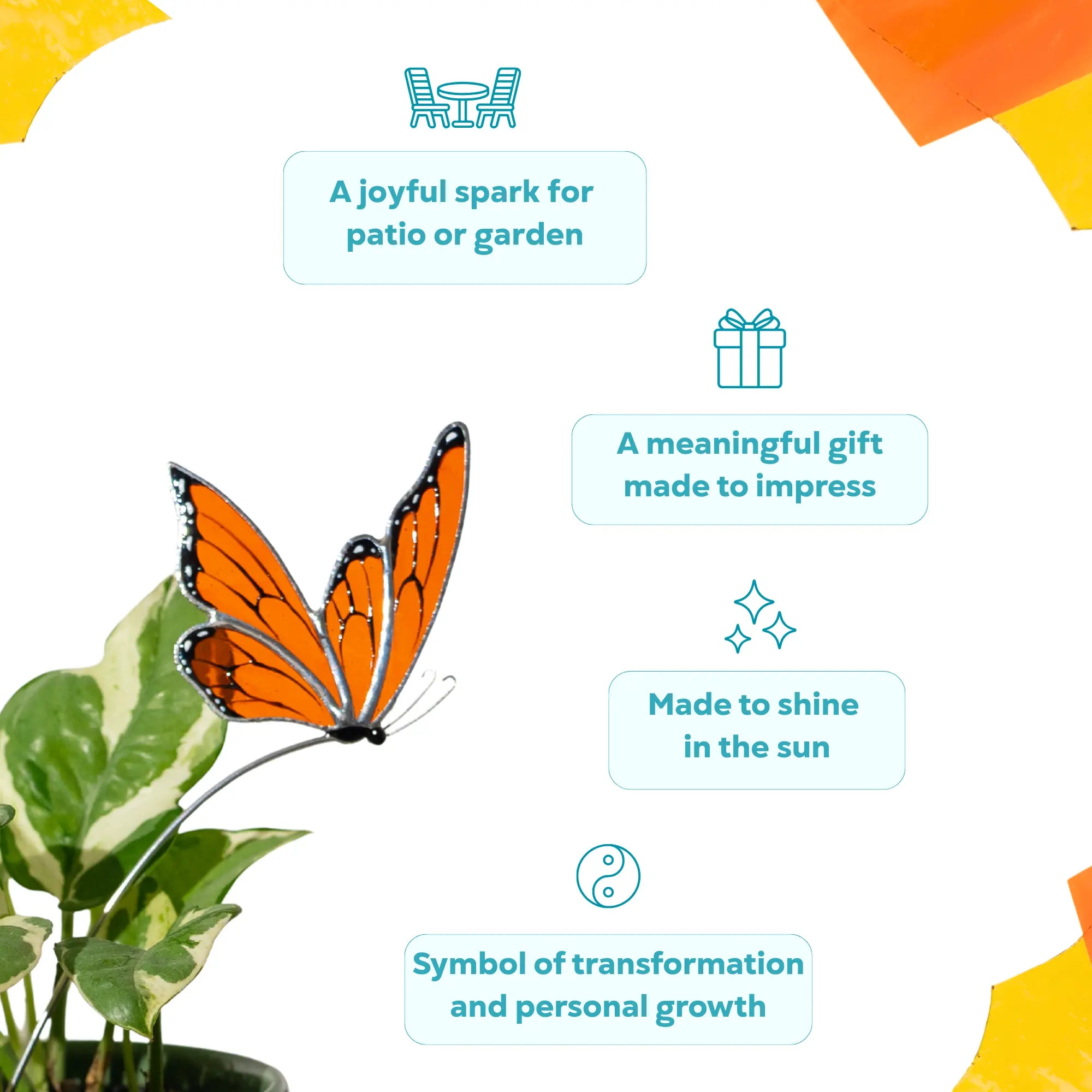 Stained glass butterfly in a potted plant with text highlighting it as a garden gift and symbol of growth.