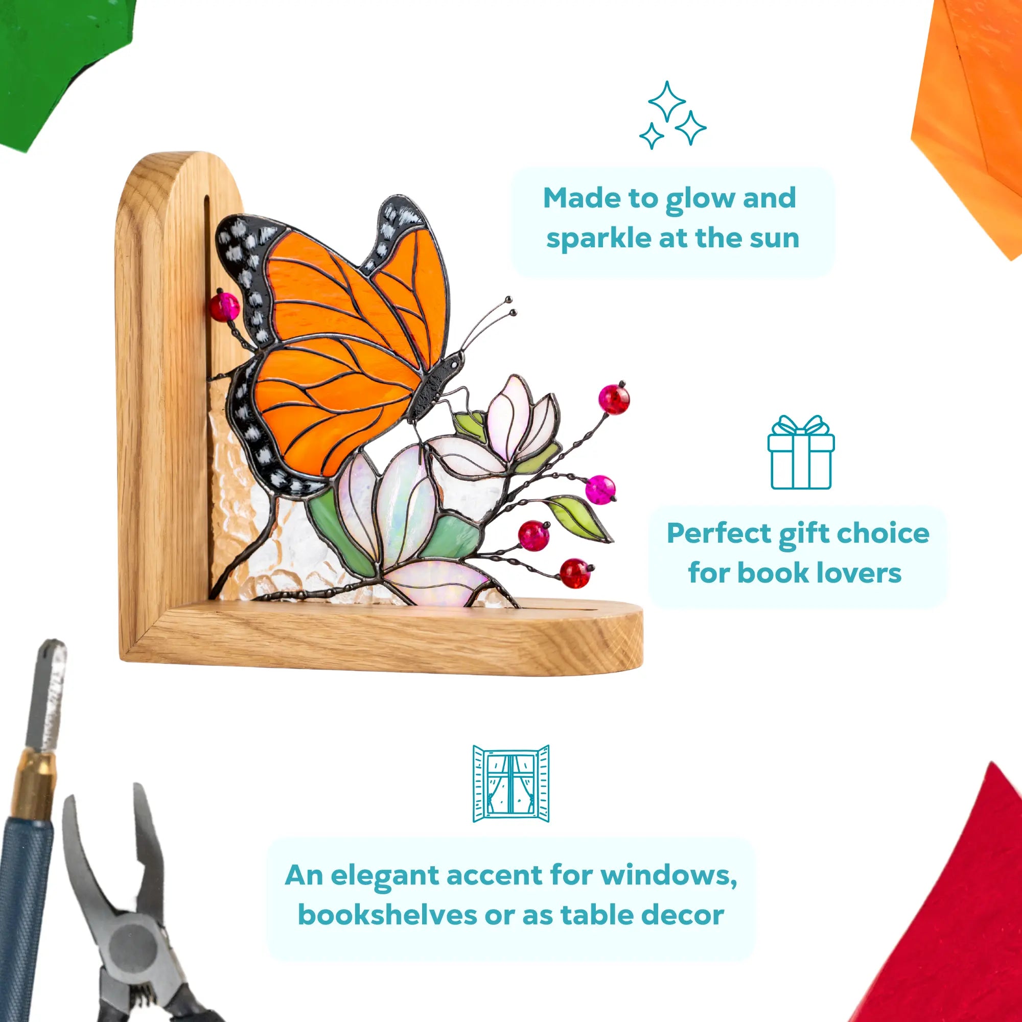 Stained glass butterfly bookend with flowers shown with text highlighting gift idea and decorative use