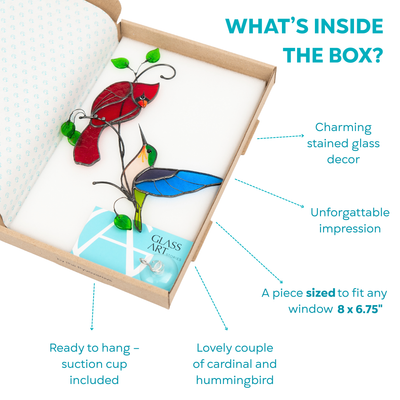 Open gift box with stained glass cardinal and hummingbird, suction cup, and branded card.