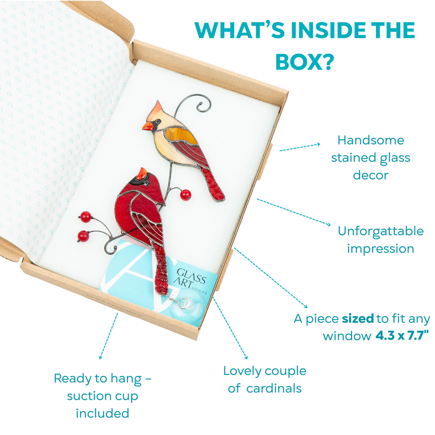 Cardinal suncatcher pair in a branded box with suction cup included, ready for gifting, 4.3 x 7.7 inches