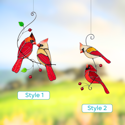 Side-by-side display of two stained glass cardinal couples, labeled Style 1 and Style 2, against a soft landscape