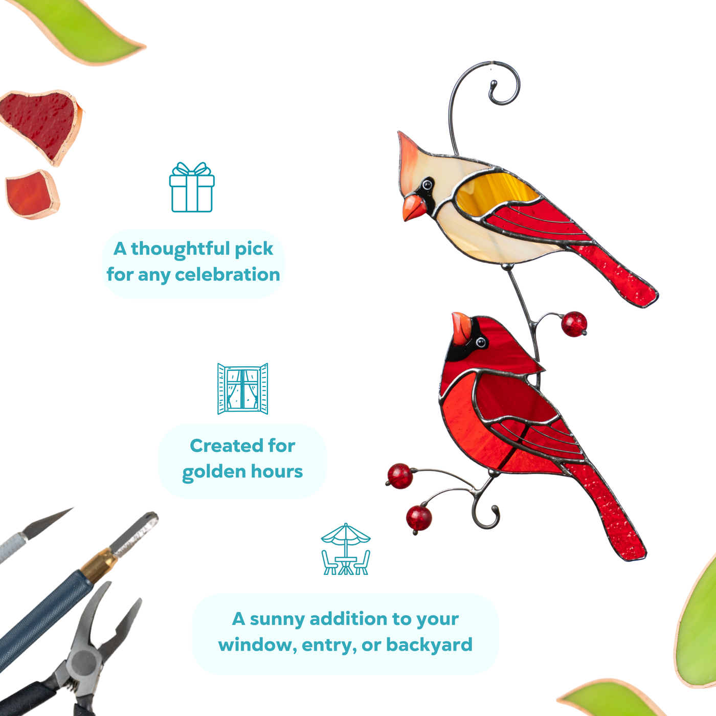 Beige and red cardinal suncatcher with red beads, shown with glasscutting tools and text highlighting its features