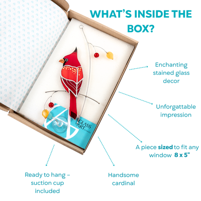 Glass cardinal suncatcher in gift box — ready to hang and perfect for gifting.