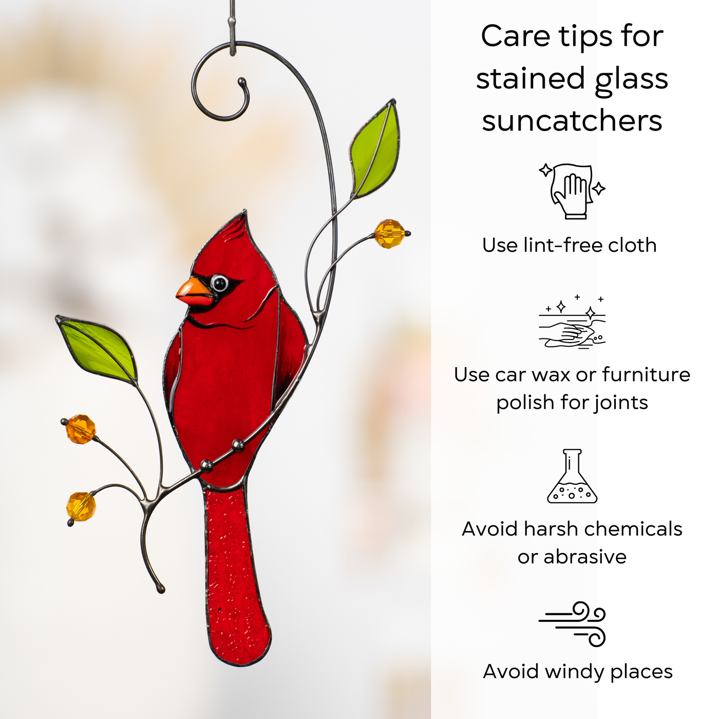 Infographic with care tips for stained glass suncatchers, highlighting safe cleaning and placement.