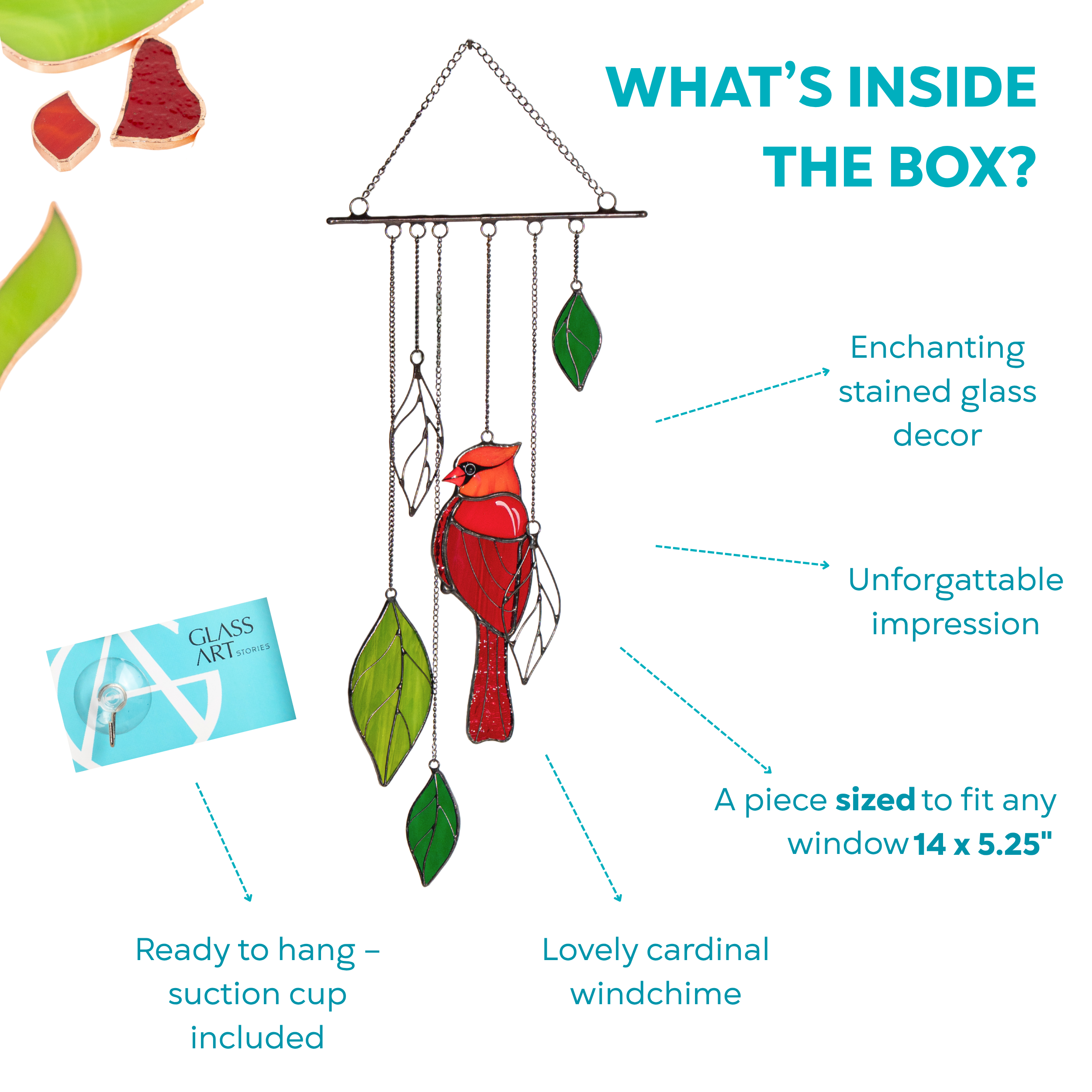 Packaging display of cardinal stained glass wind chime with ready-to-hang suction cup and elegant presentation.