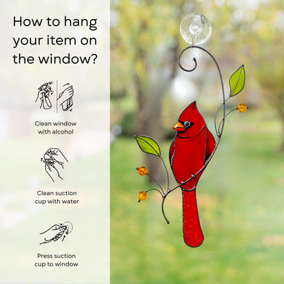 Illustrated guide shows how to hang stained glass suncatcher with suction cup on a clean window.