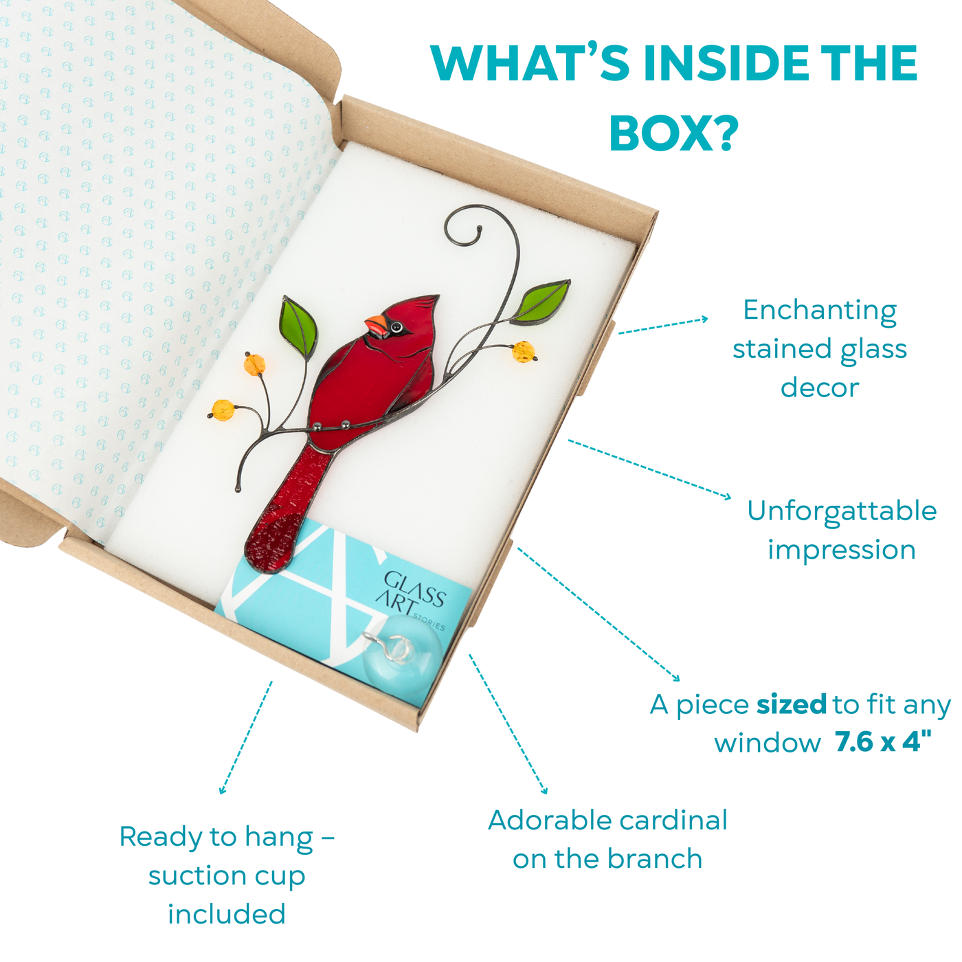 Box includes red cardinal stained glass decor and suction cup, perfect for window hanging and gifting.
