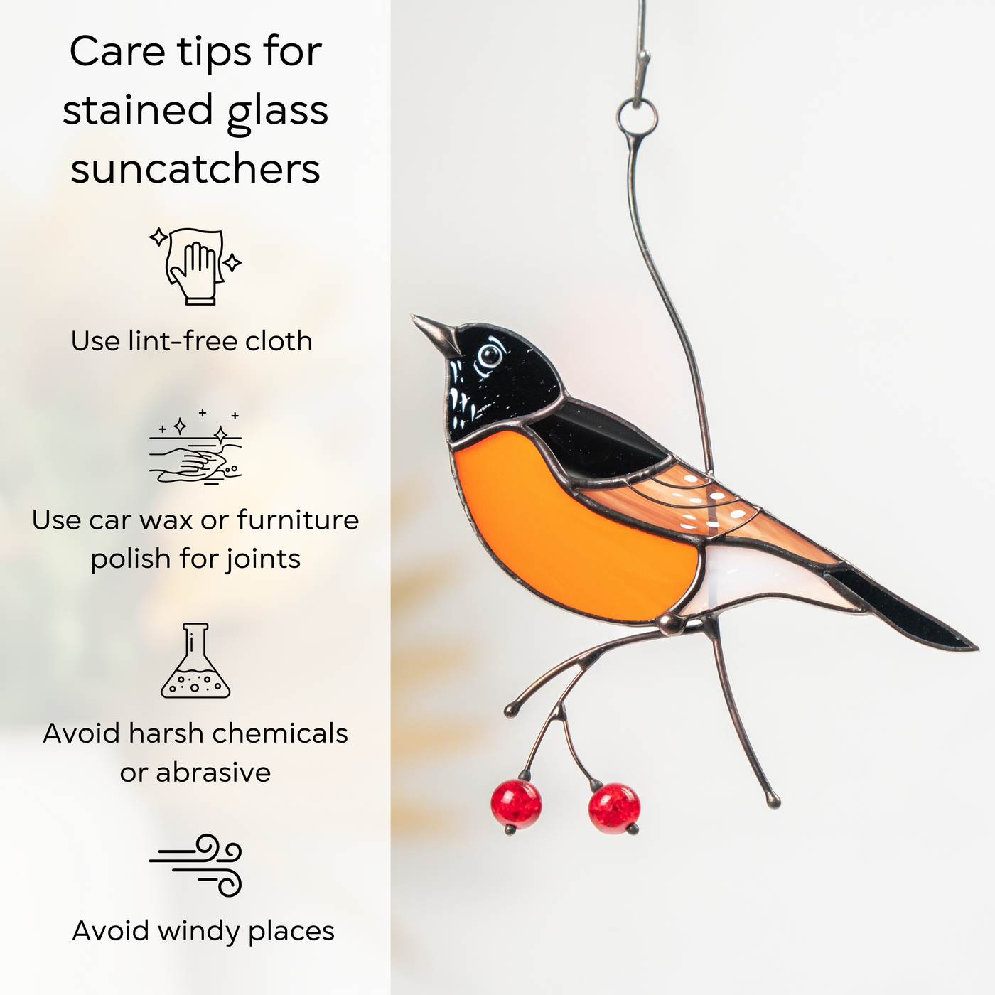 Hanging american robin with care tips listed beside: use lint-free cloth, use wax polish for joints, no harsh cleaners, avoid wind.
