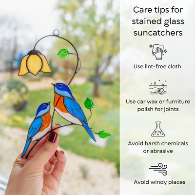 Bluebird suncatcher with care tips including cleaning and polish guidance.