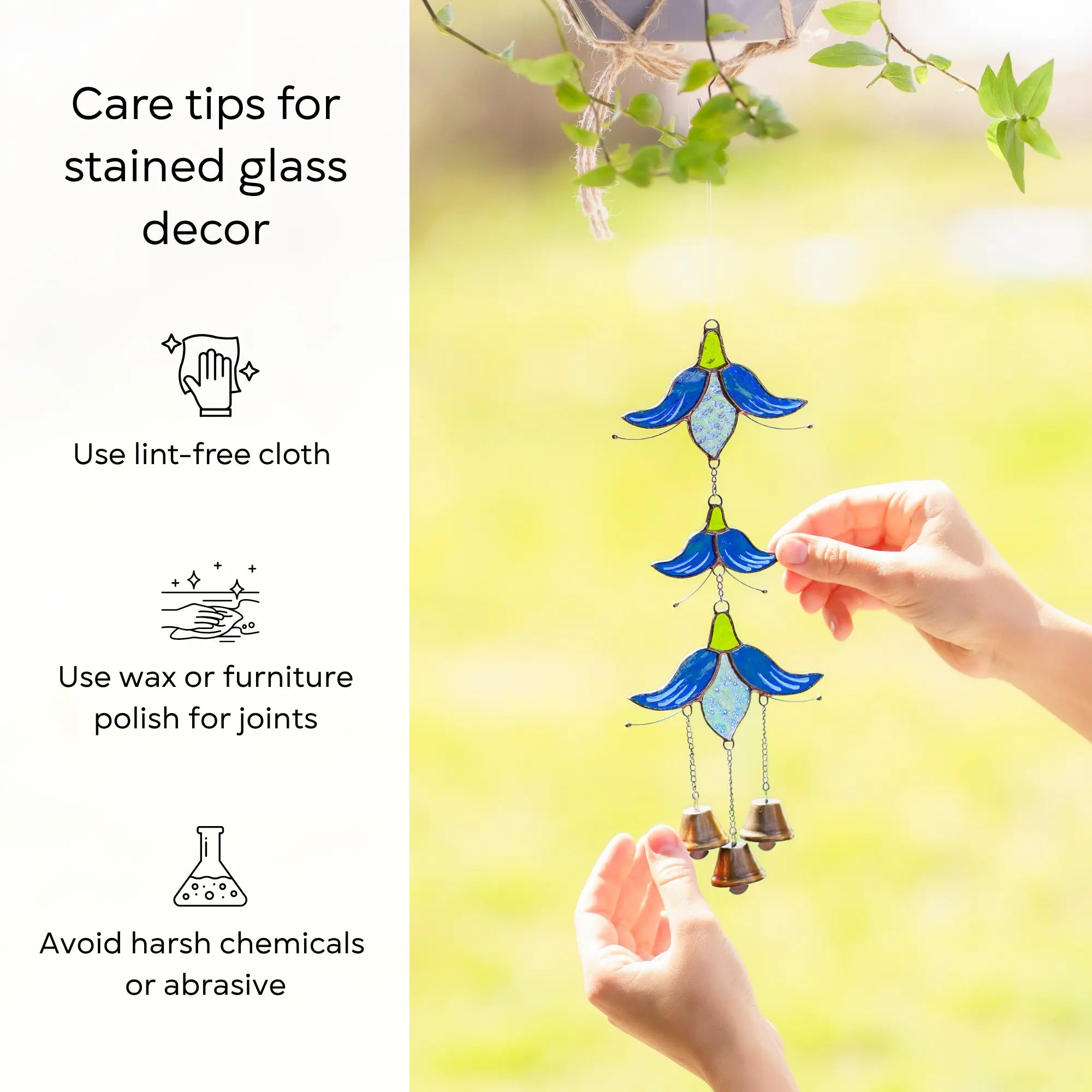 Care tips for stained glass wind chime including instructions to use a lint-free cloth and avoid harsh chemicals, held by a person.