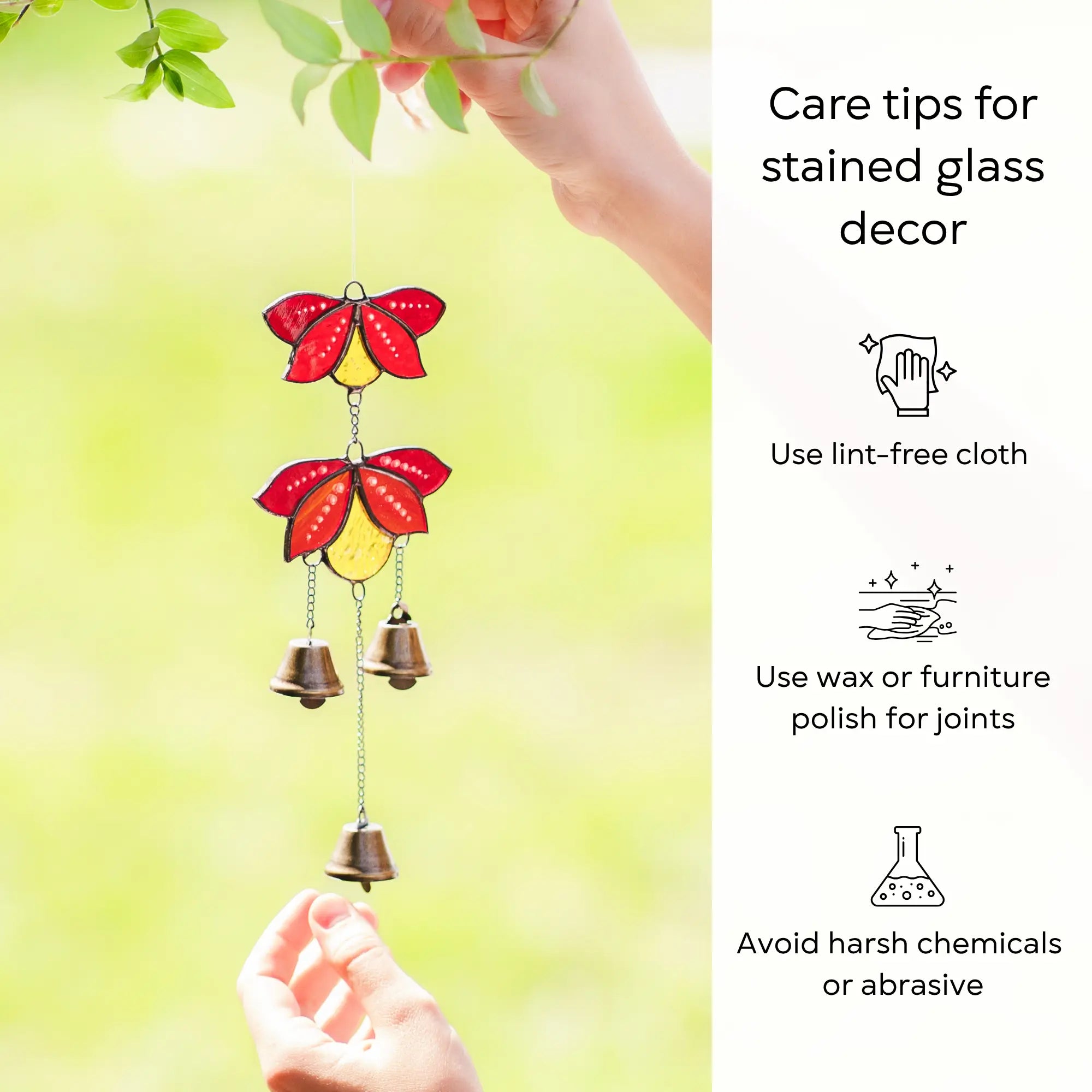 Care tips for stained glass wind chime showing icons to use a lint-free cloth, wax for joints, and to avoid harsh chemicals, held by a person.