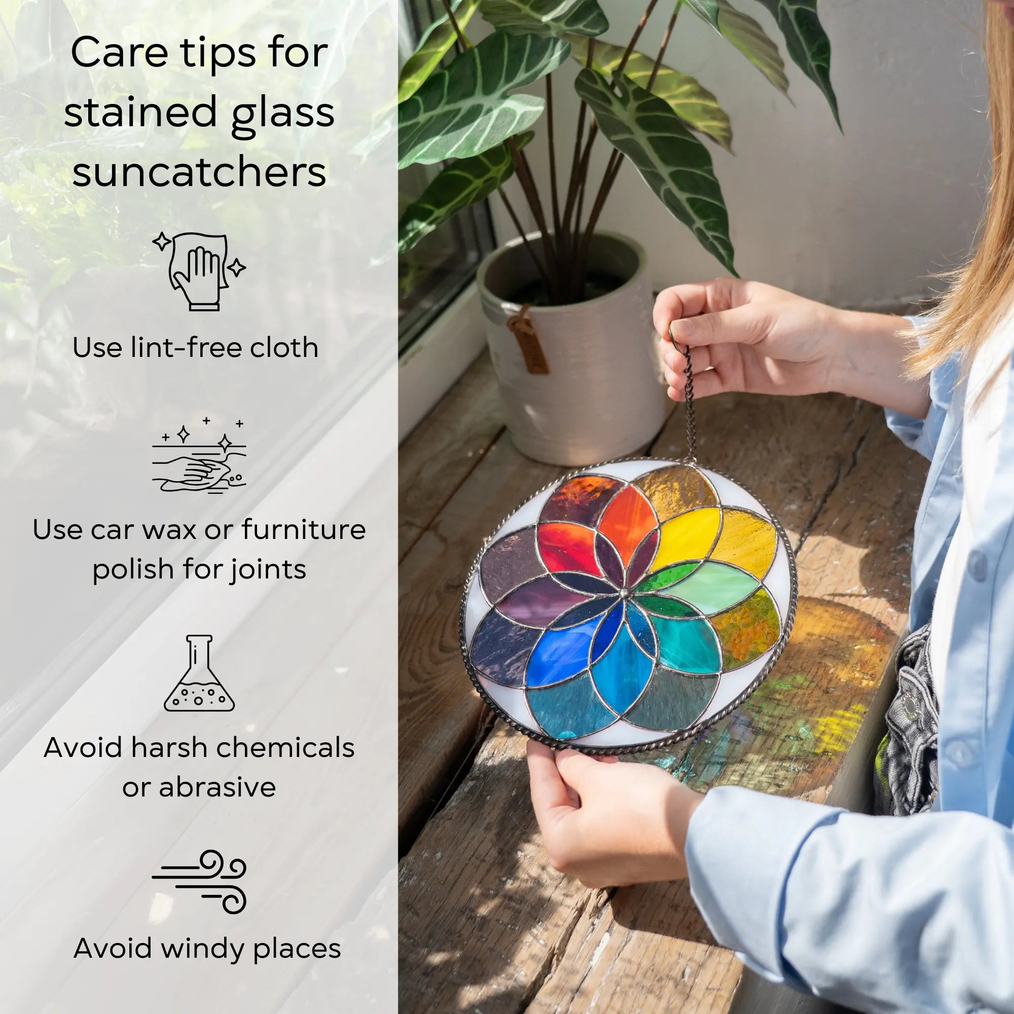 Infographic with care guide for rainbow stained glass mandala cleaning: use lint-free cloth, polish joints with car wax or furniture polish, avoid harsh chemicals, and windy places.