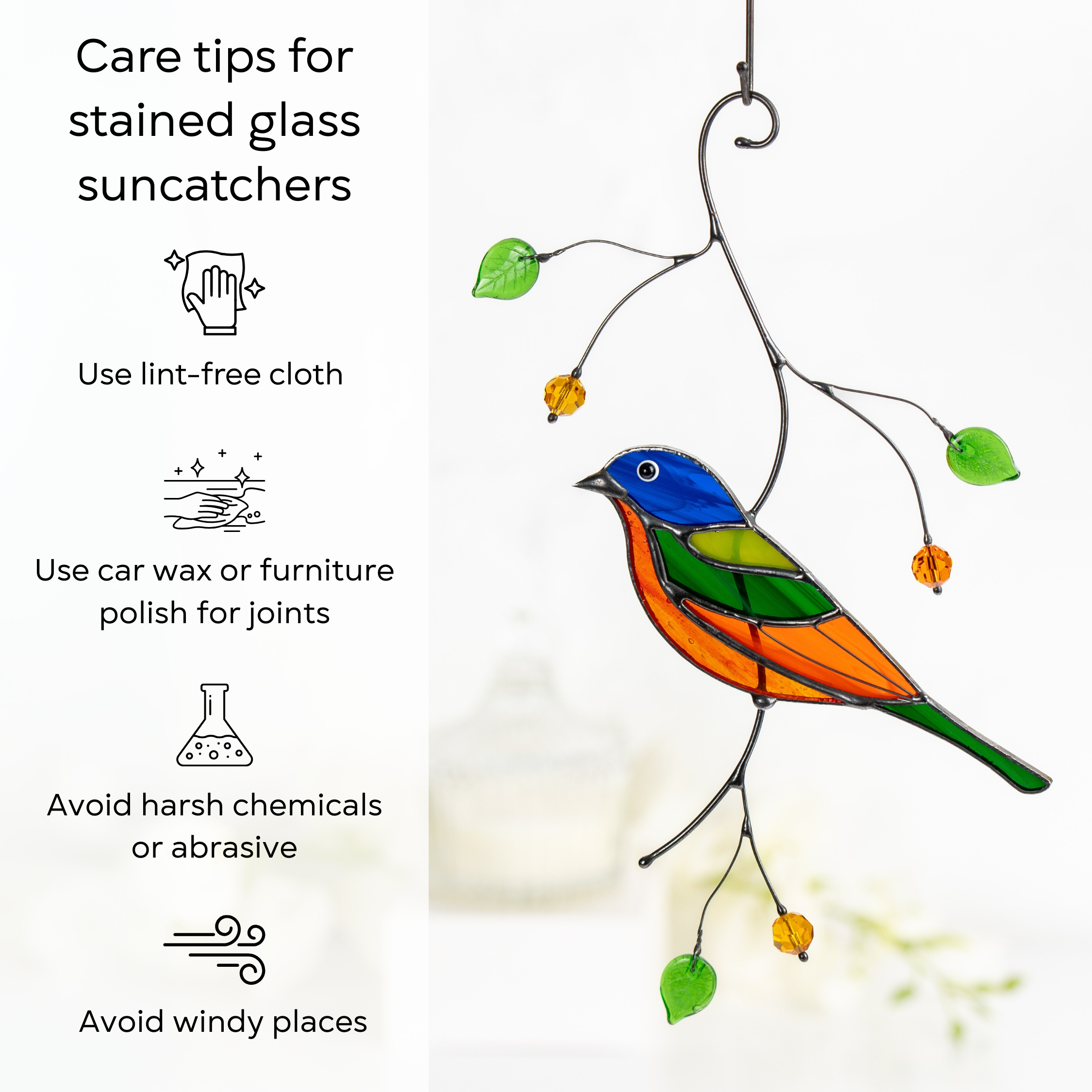 Stained glass bunting bird with care instructions displayed on the side: use lint-free cloth, use wax polish for joints, no harsh cleaners, avoid wind.