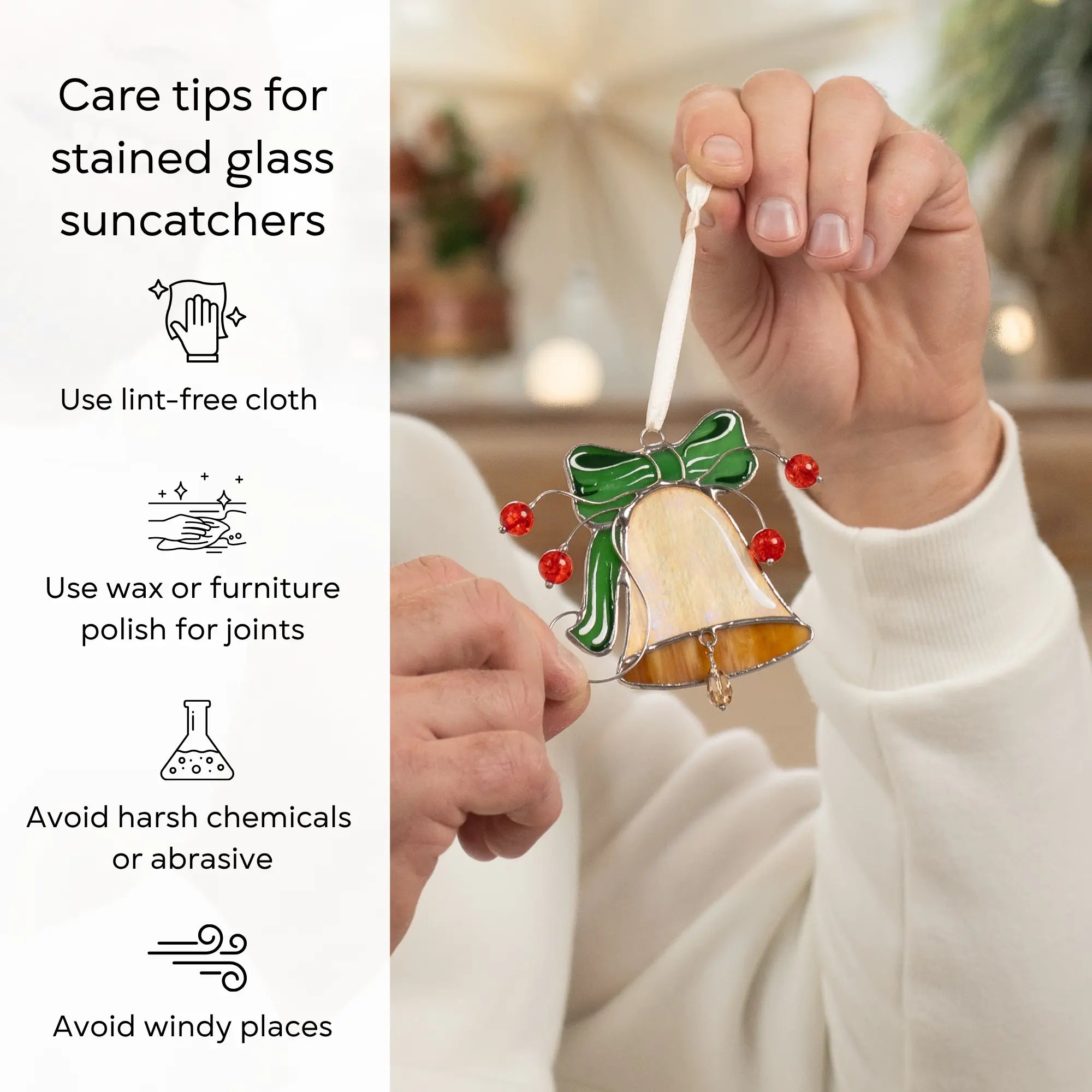 Care tips for stained glass suncatchers with a hand holding stained glass ornament: use lint-free cloth, polish joints with car wax or furniture polish, avoid harsh chemicals, and windy places.