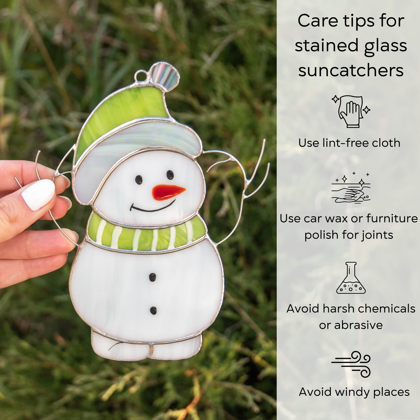 Photo of snowman suncatcher with care tips listed on the right: use lint-free cloth, polish joints with car wax or furniture polish, avoid harsh chemicals, and windy places.