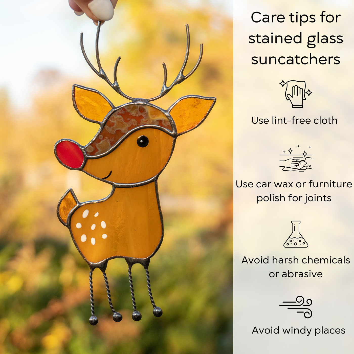 Care guide beside reindeer suncatcher explaining cleaning tips and safety suggestions for stained glass items: use lint-free cloth, polish joints with car wax or furniture polish, avoid harsh chemicals, and windy places.