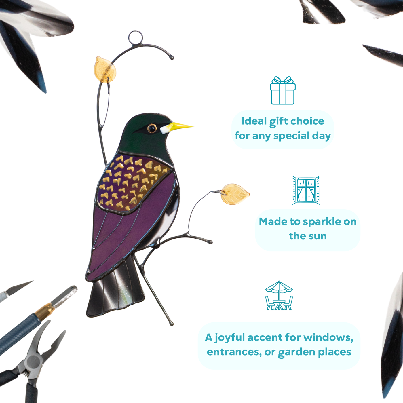 Stained glass starling with head, purple wings with yellow details, shown as a gift idea.
