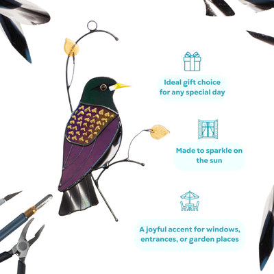 Stained glass starling with head, purple wings with yellow details, shown as a gift idea.