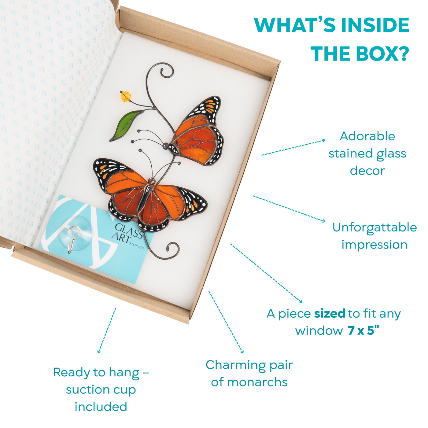 Gift box with stained glass monarch butterflies, includes suction cup and branded card for easy window hanging.