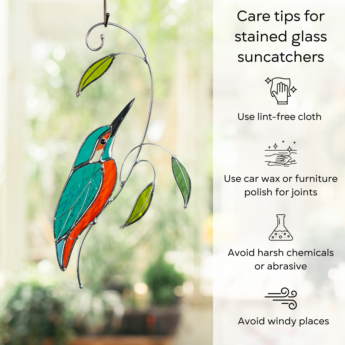 Kingfisher stained glass bird with care tips shown for maintaining brilliance and shine: use lint-free cloth, use wax polish for joints, no harsh cleaners, avoid wind.