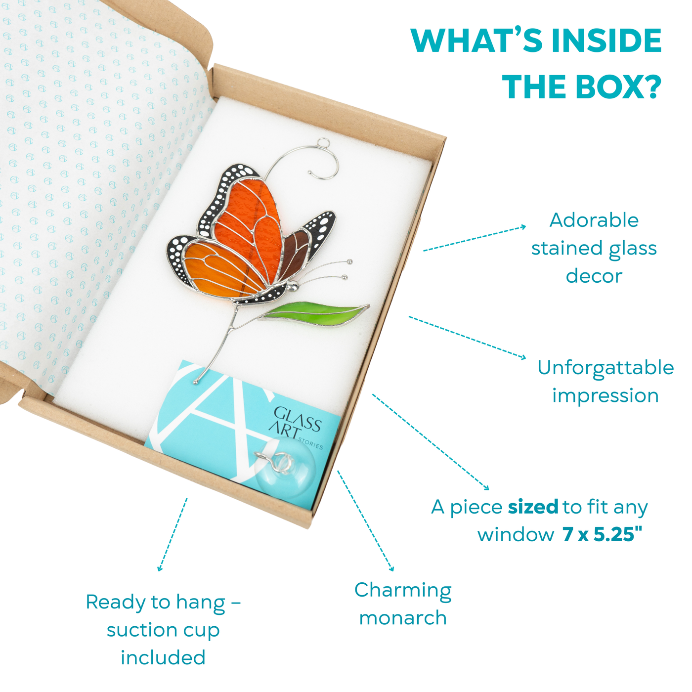 Gift box showing stained glass monarch butterfly and suction cup included for window display.