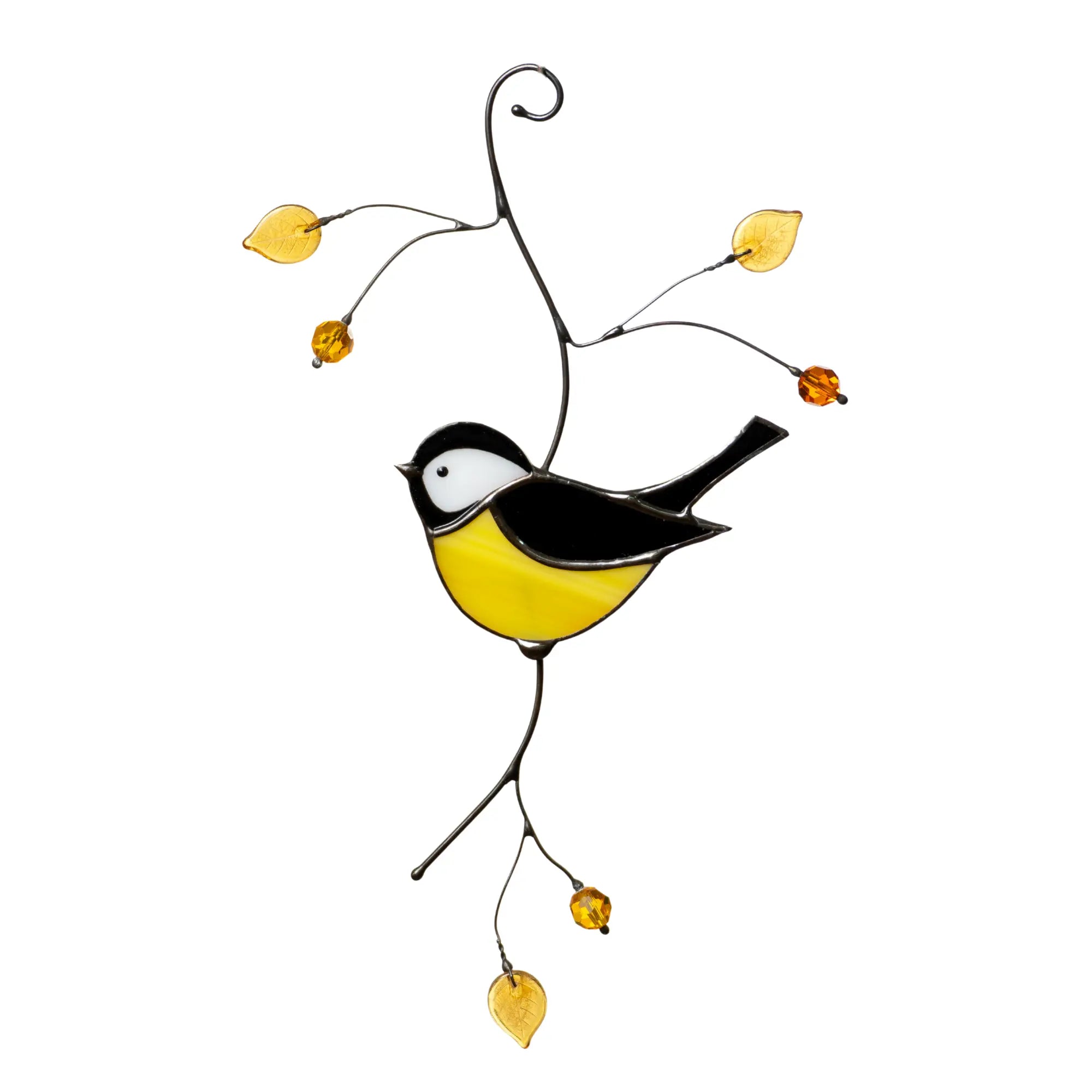 Elegant stained glass chickadee suncatcher for window, featuring warm tones and gift-ready design