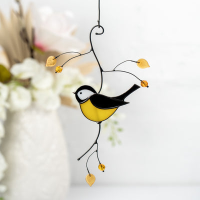 Elegant stained glass chickadee suncatcher for window, featuring warm tones and gift-ready design