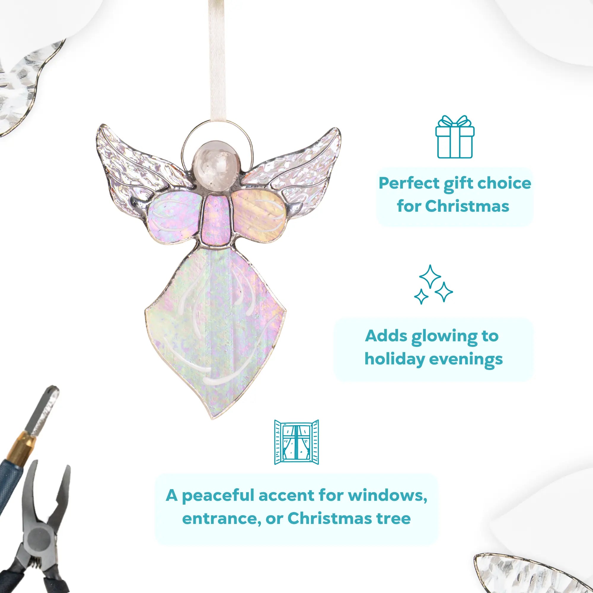 Infographic showing iridescent stained glass angel with text about gift ideas and holiday home decor benefits.