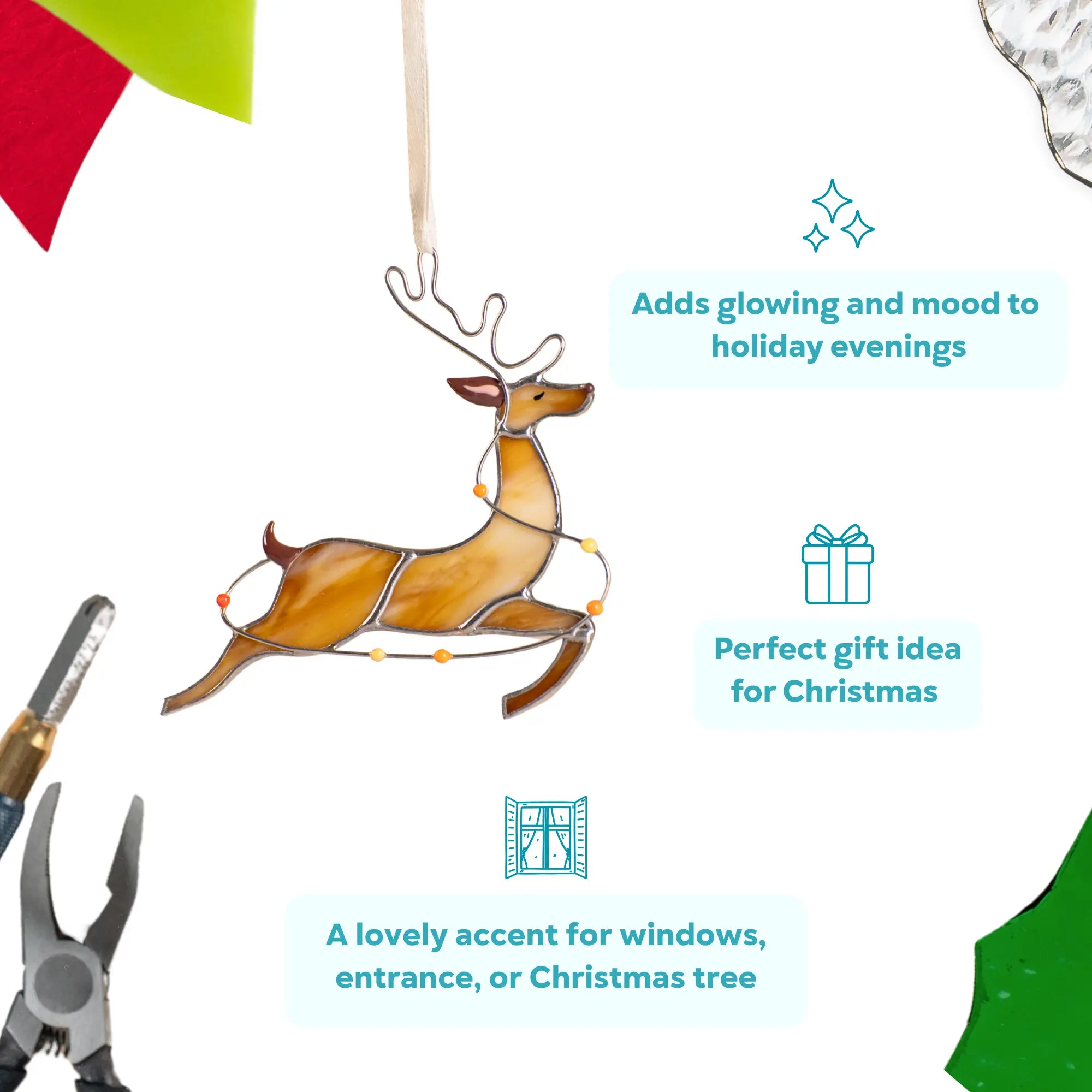 Stained glass reindeer with a flowing motion and vibrant lights on the body, Christmas ornament