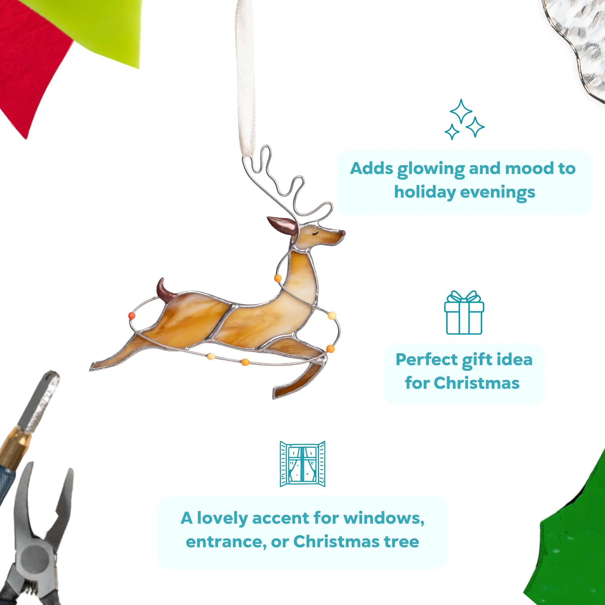 Stained glass reindeer with a flowing motion and vibrant lights on the body, Christmas ornament