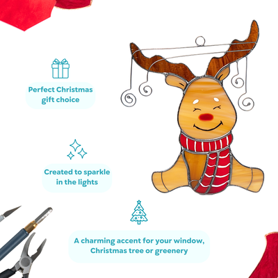 Infographic showing red-nosed stained glass reindeer with text about sparkle, gift use, and window display.