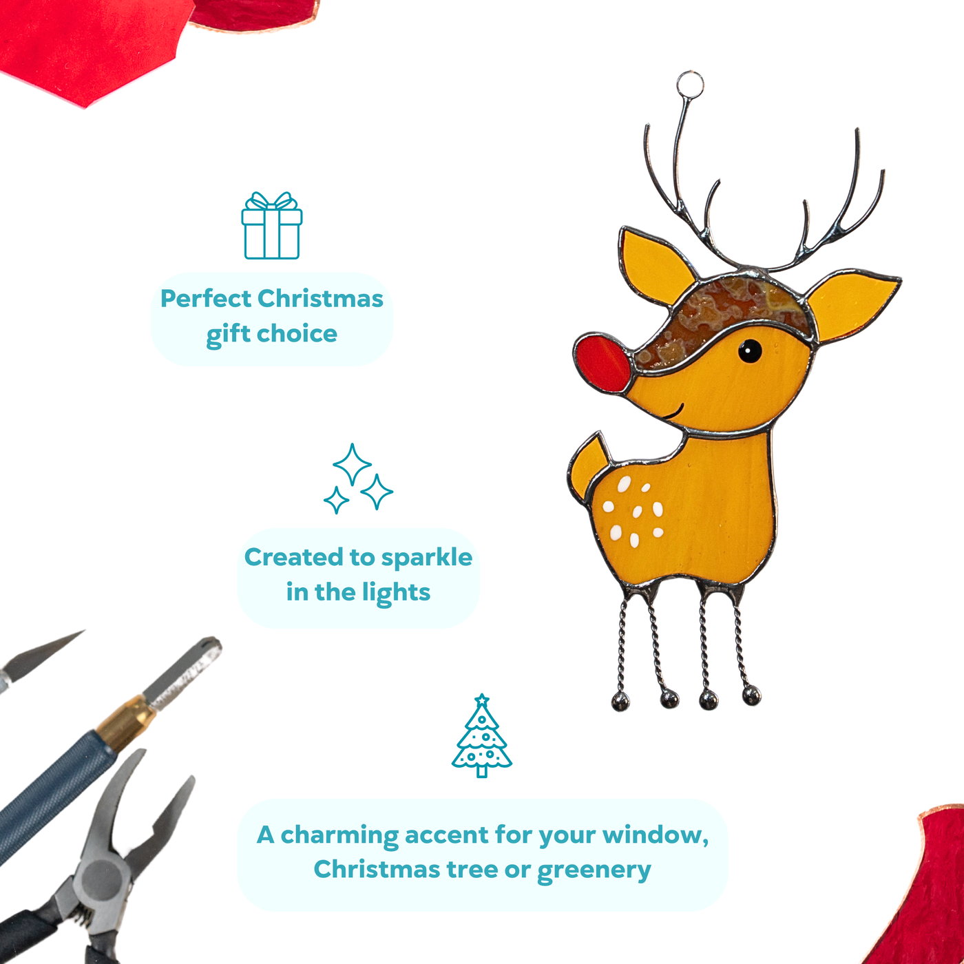 Illustrated infographic showing stained glass reindeer with notes about gifting, sparkle, and decorative use.