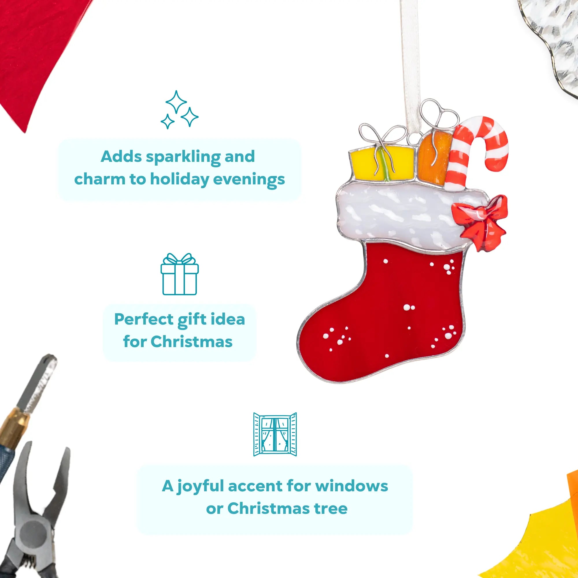 Infographic showing stained glass Christmas stocking with candy cane and presents, perfect gift idea for Christmas