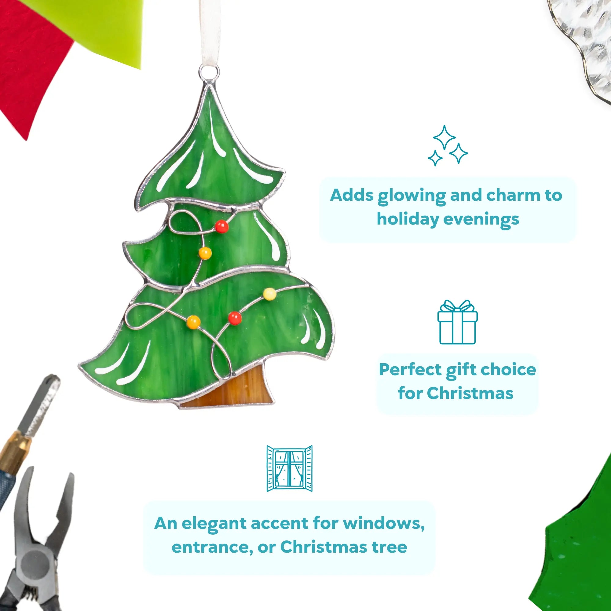 Infographic showing stained glass Christmas tree with multicolor garland as a gift idea and decor