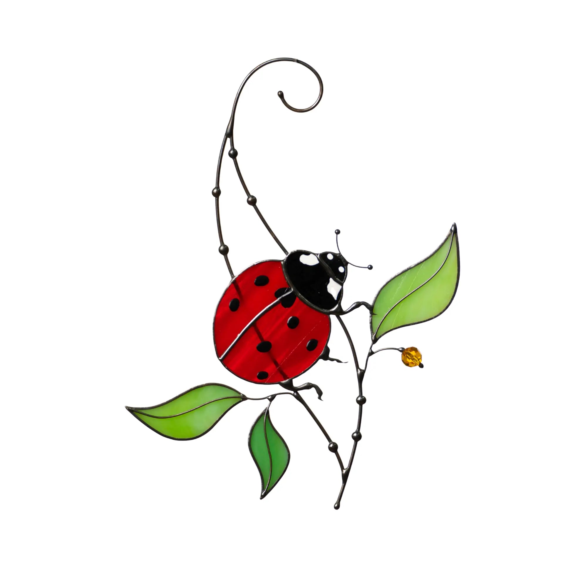 Red Ladybug Stained Glass Ornament, Handmade Window Hanging with Green Leaves, Perfect Gift for Nature Lover