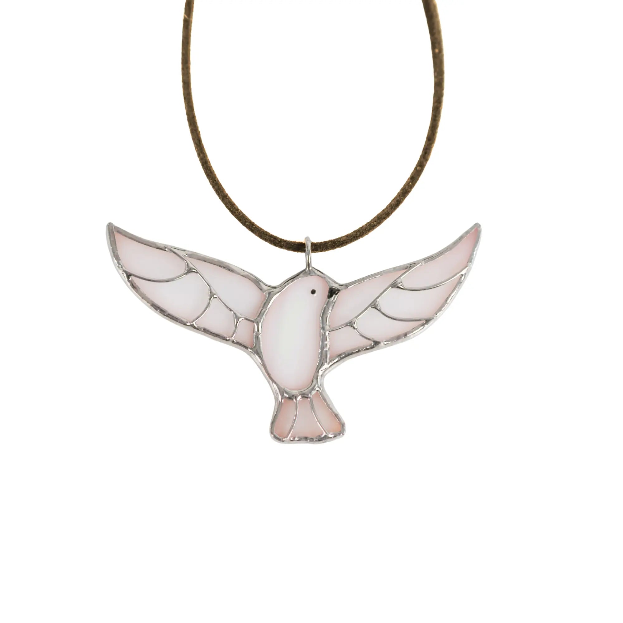 Delicate white stained glass dove pendant necklace on suede brown cord
