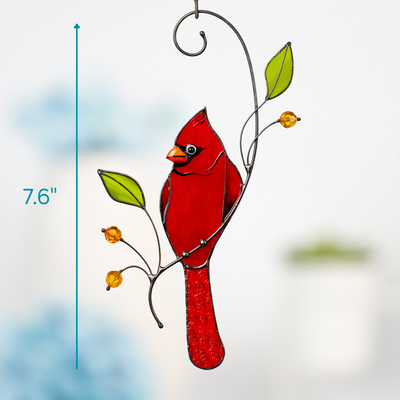 Bright red cardinal stained glass decor with leaf and bead details, shown with size measurement.