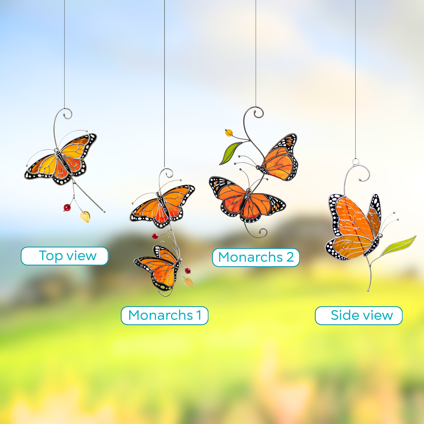 Group of stained glass monarch butterflies presented in top view, side view, and two different designs.