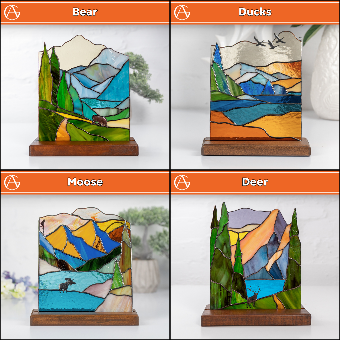 the variation of stained glass panels on the wooden base
