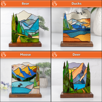 the variation of stained glass panels on the wooden base