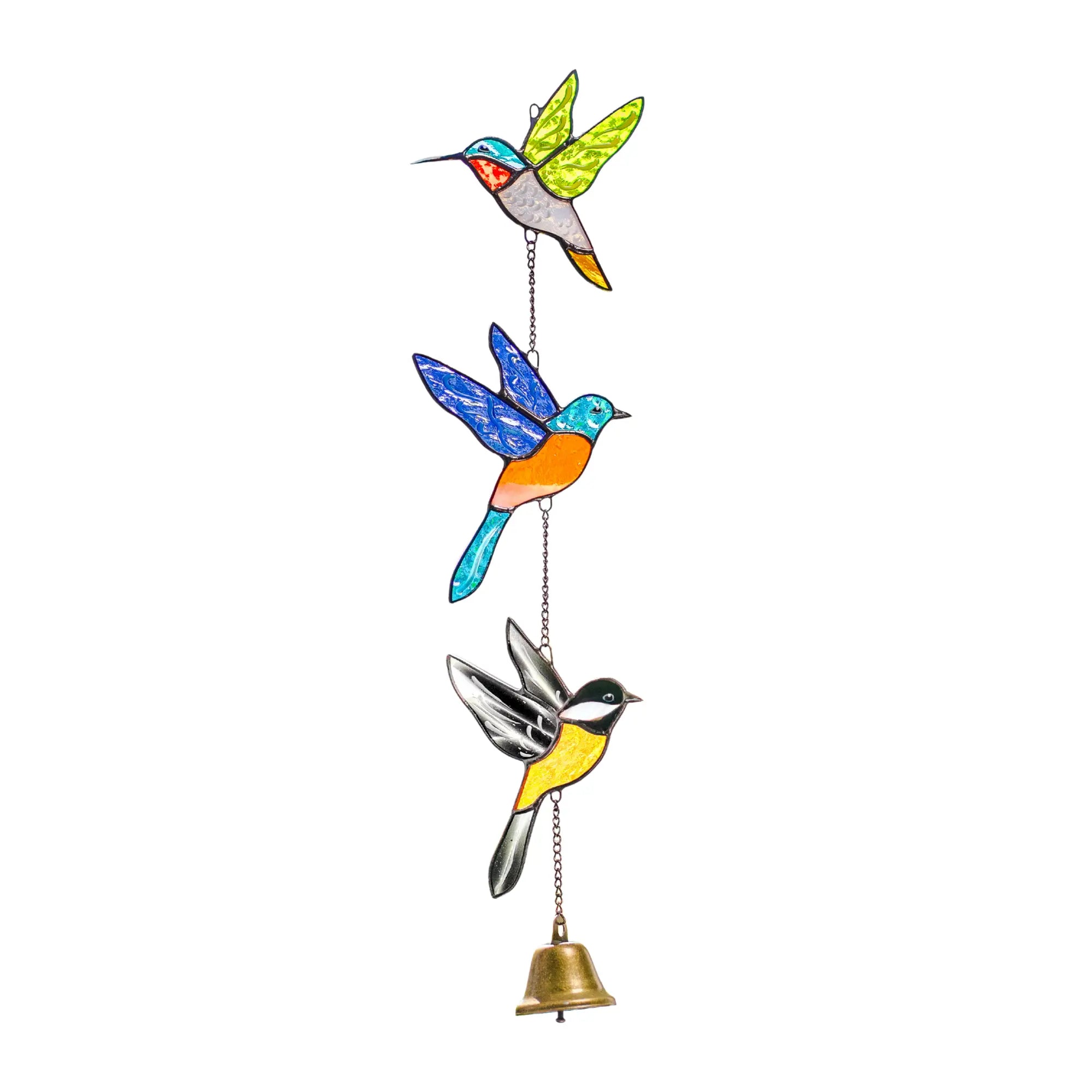 Colorful stained glass bird-shaped wind chime with a bell on a white background