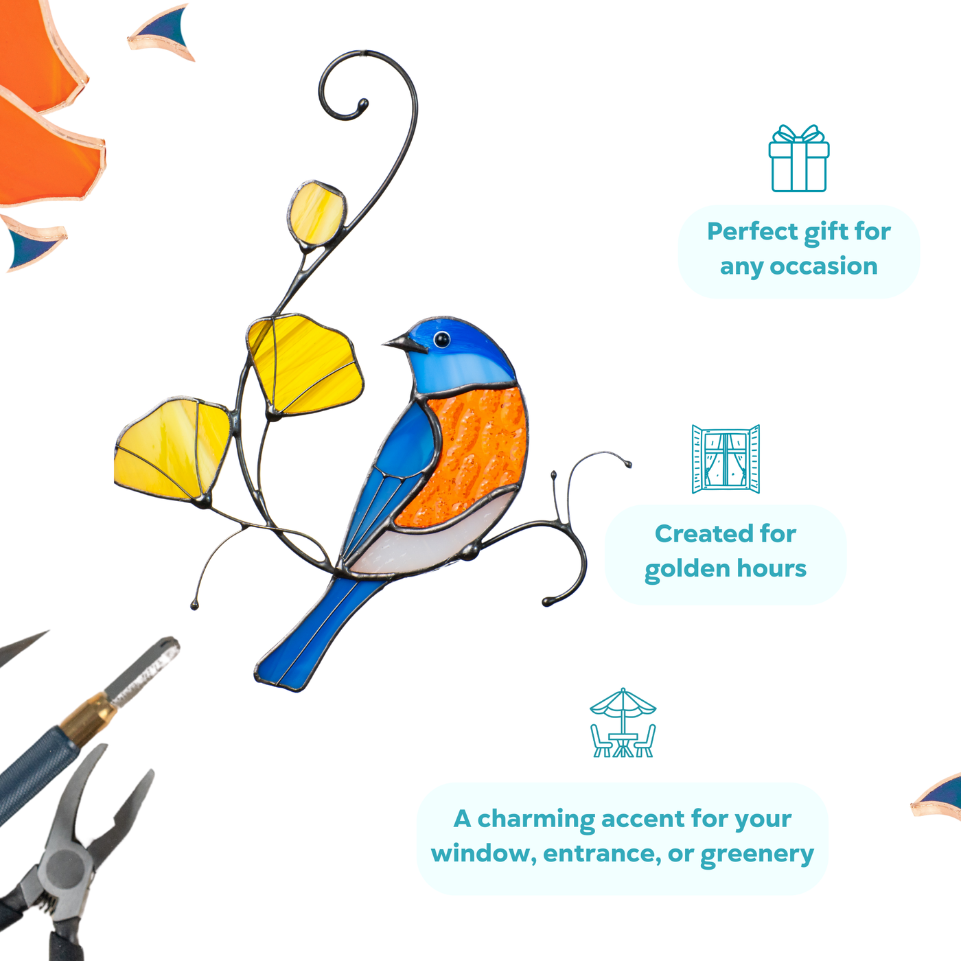 Stained glass bluebird with bright orange and blue feathers perched near yellow flowers