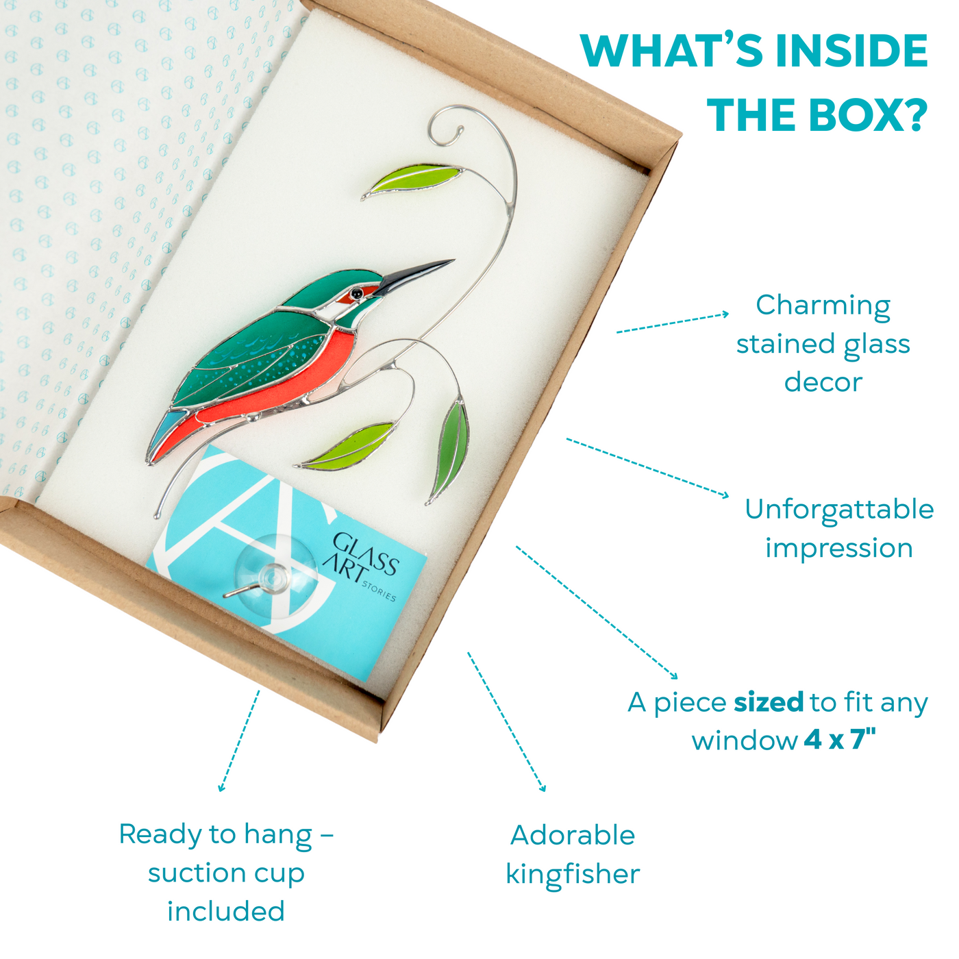 Gift box with a stained glass kingfisher and suction cup, ideal for window hanging.