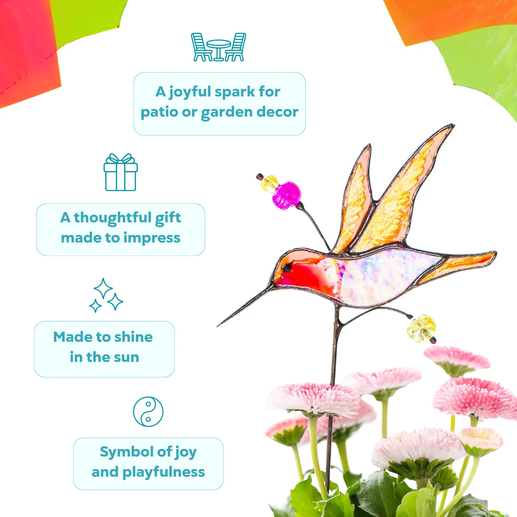 Colorful stained glass hummingbird plant stake as a symbol of playfulness