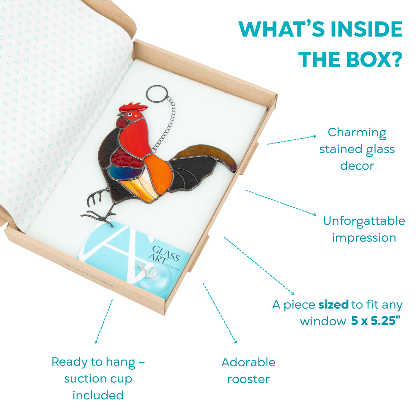 Stained glass rooster in a gift box with suction cup and product card, bright festive colors visible.