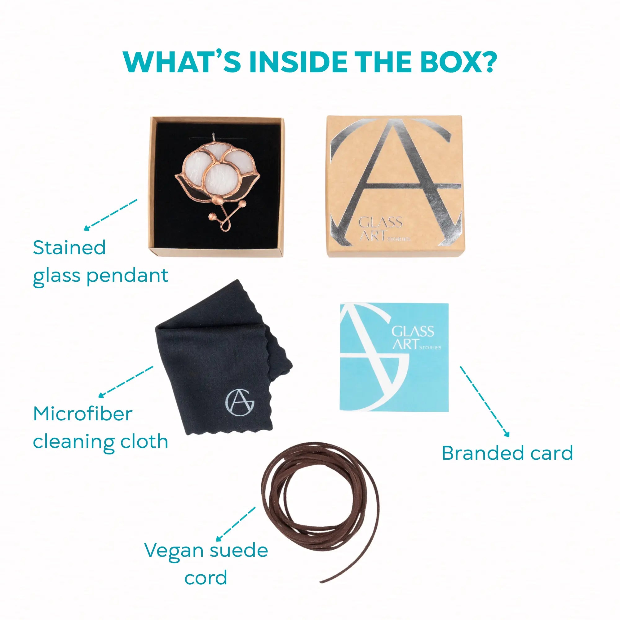 Product packaging with stained glass pendant, microfiber cloth, vegan suede cord, and branded card on a white background.