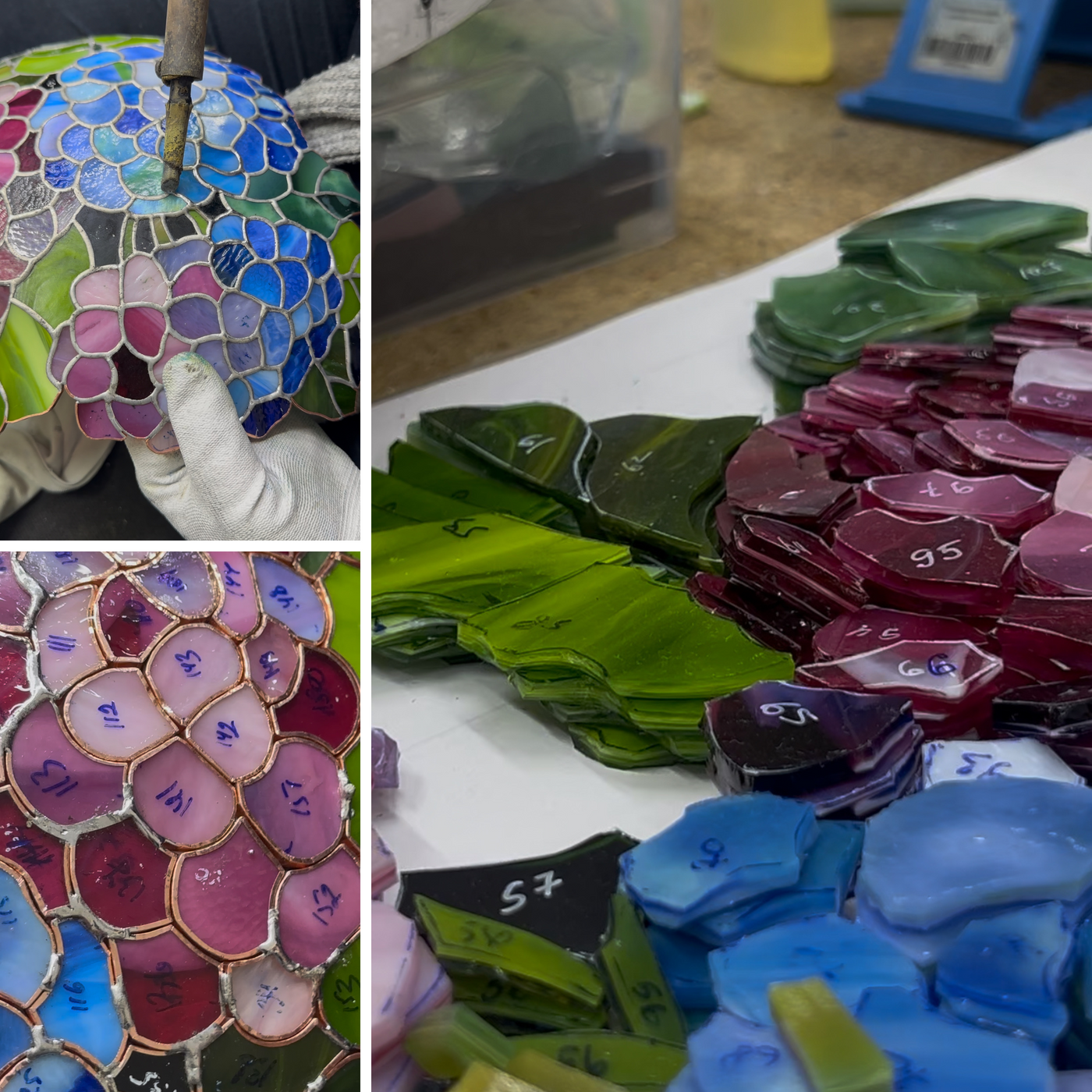 Process of making floral stained glass lamp with pink, blue, and green glass petals.