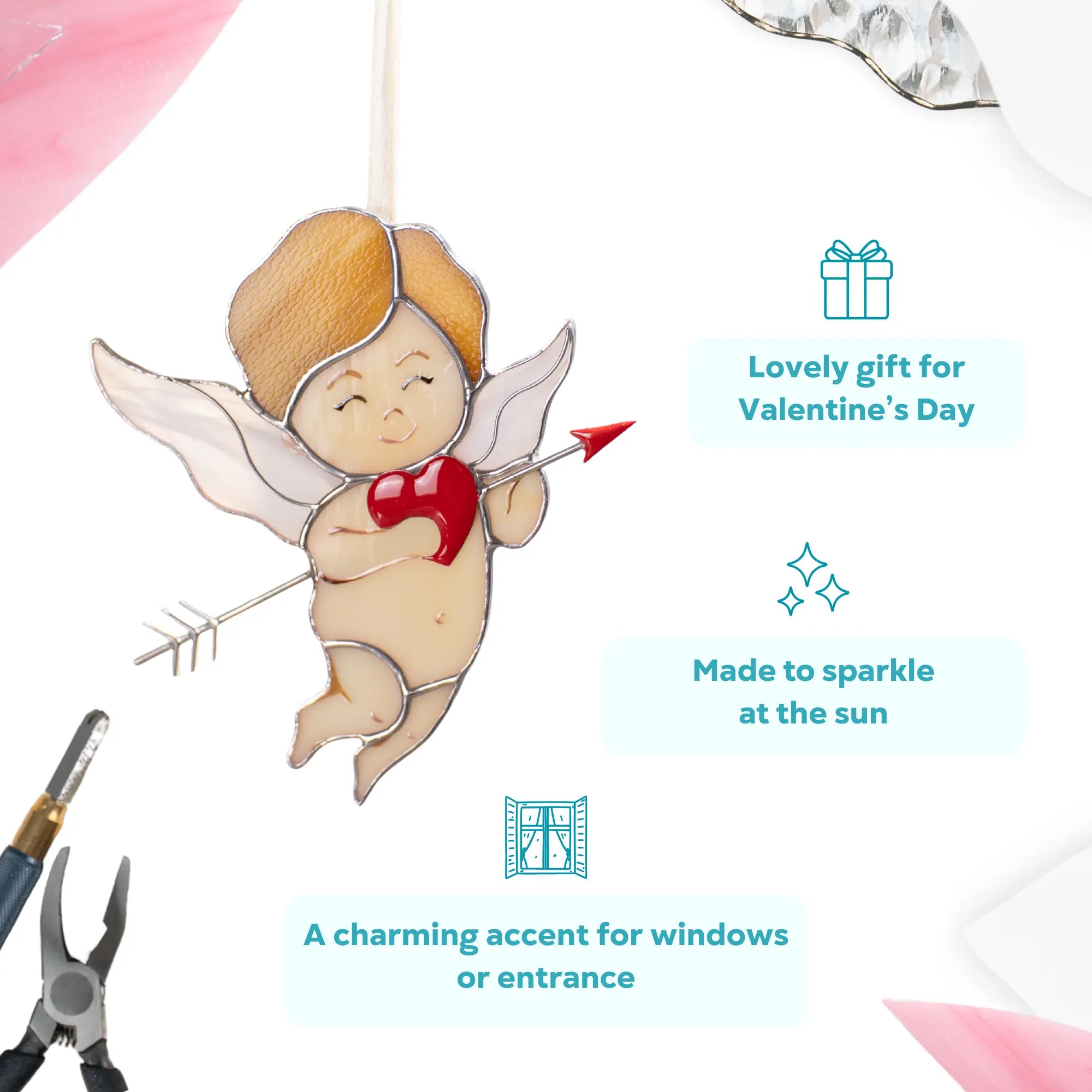 Infographic featuring a stained glass cupid suncatcher described as a lovely Valentine’s Day gift that sparkles in the sun.